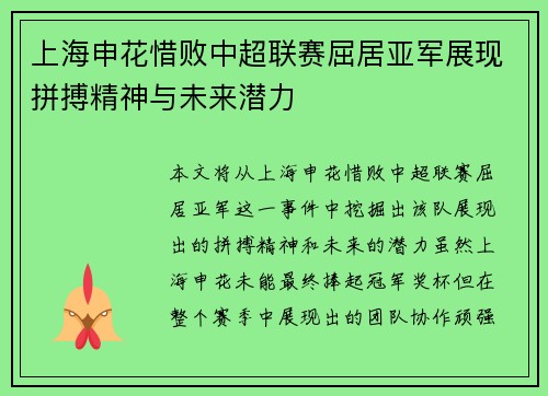 上海申花惜败中超联赛屈居亚军展现拼搏精神与未来潜力 上海申花惜败中超联赛屈居亚军展现拼搏精神与未来潜力